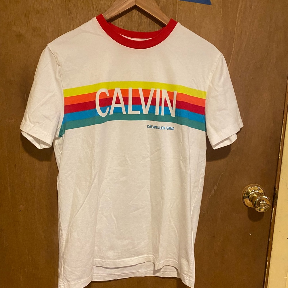 Calvin Klein Jeans white rainbow graphic tshirt medium